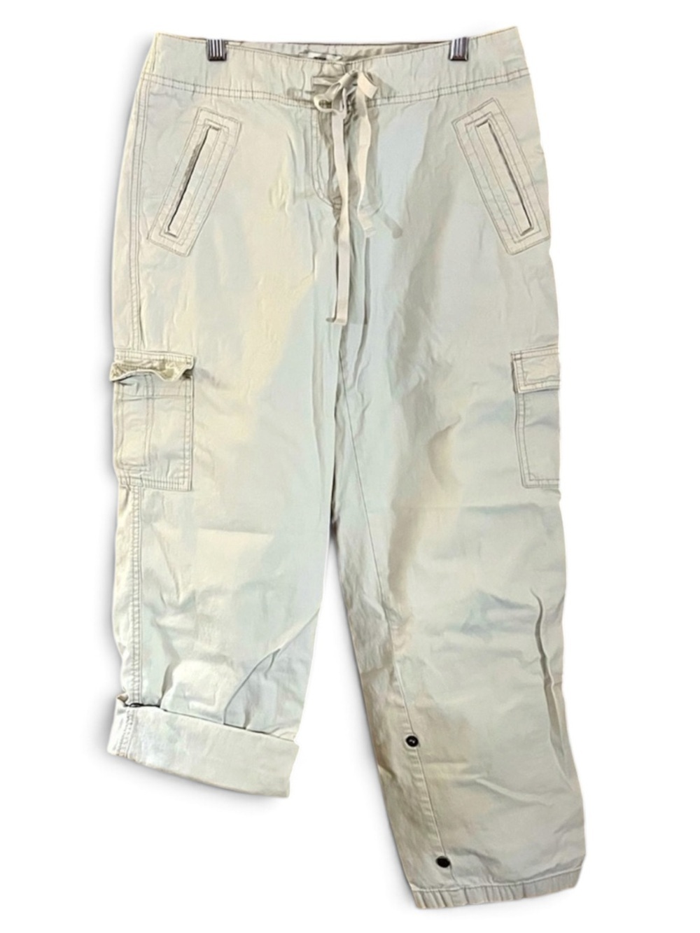 LOFT Tan Khaki Cargo Hi-Rise Convertible Ankle/ Capris Drawstring Jeans